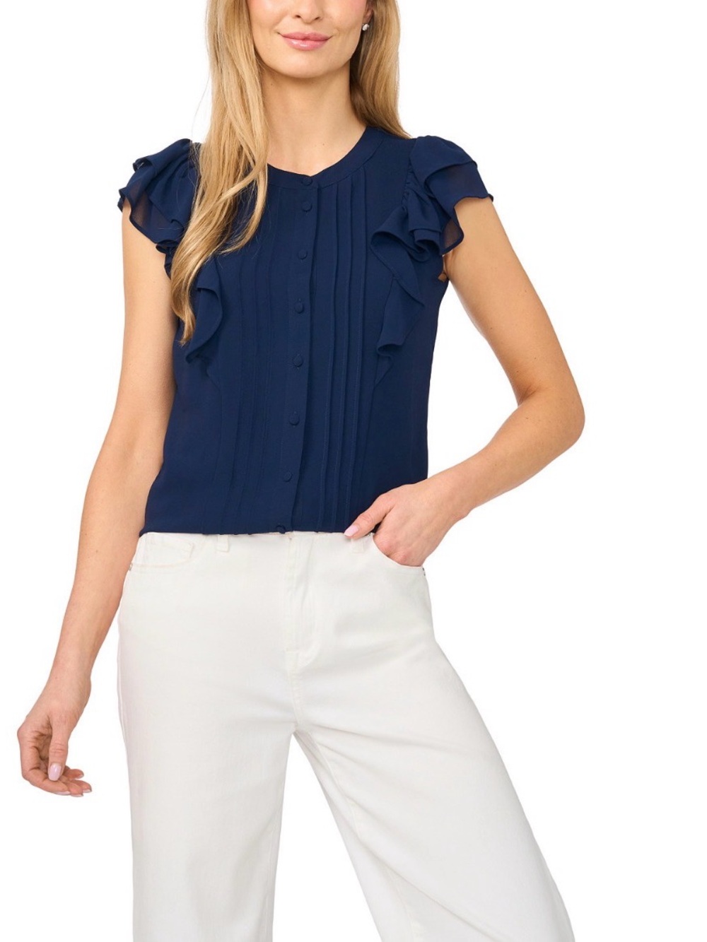 CeCe Navy Ruffle-Sleeve Pintuck Button-Front Blouse